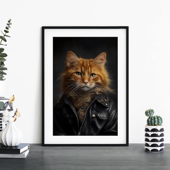 Orange Cat In Black Leather Jacket Portrait Funny Cat Poster
