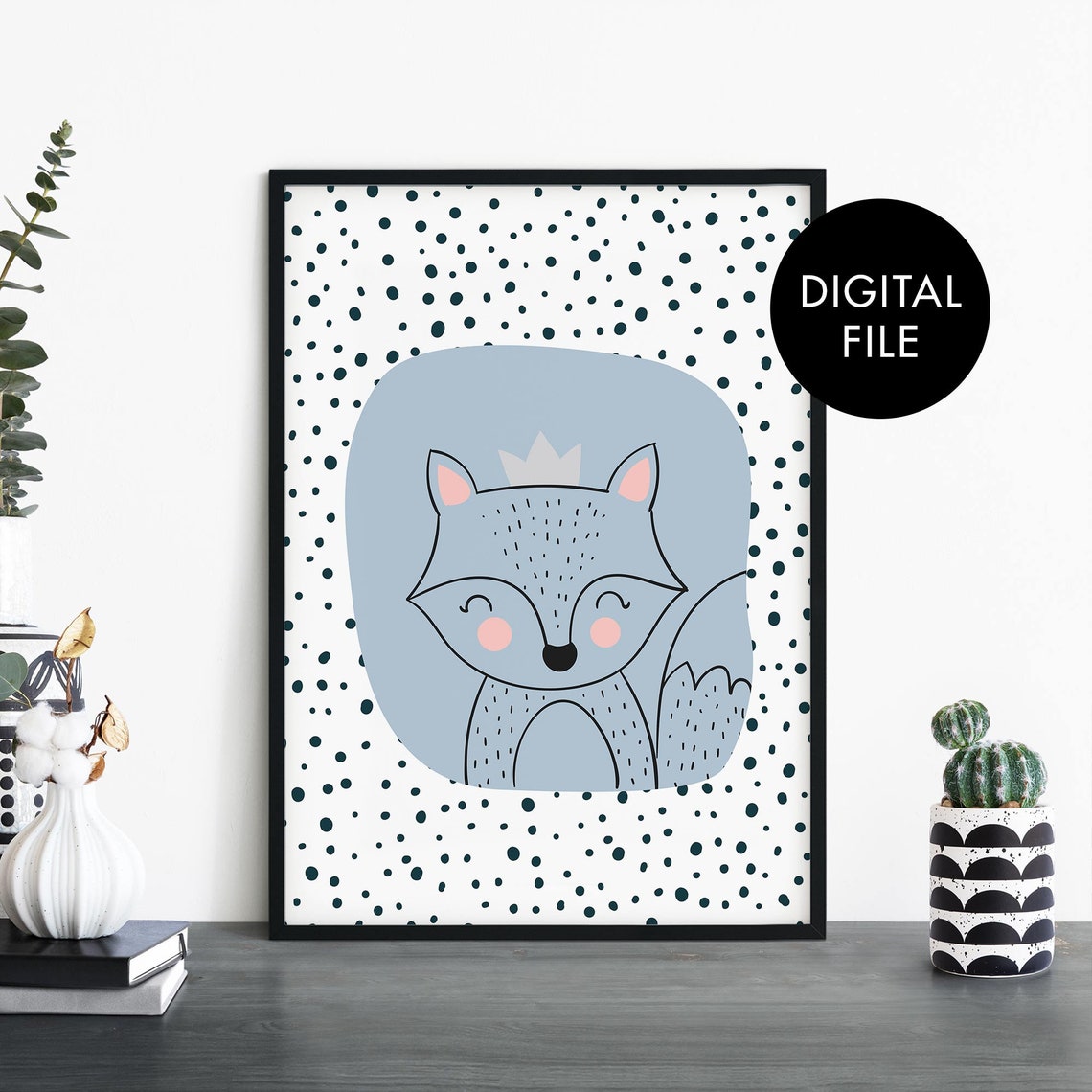 Cute Crowned Fox Kids Nursery Polka Dot Art Poster Wall Decor