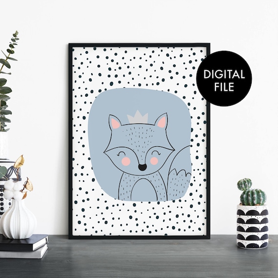 Cute Crowned Fox Kids Nursery Polka Dot Art Poster Wall Decor