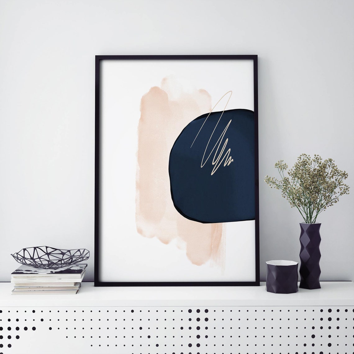 Navy Blue And Blush Pink Abstract Geometric Modern Minimalist Poster