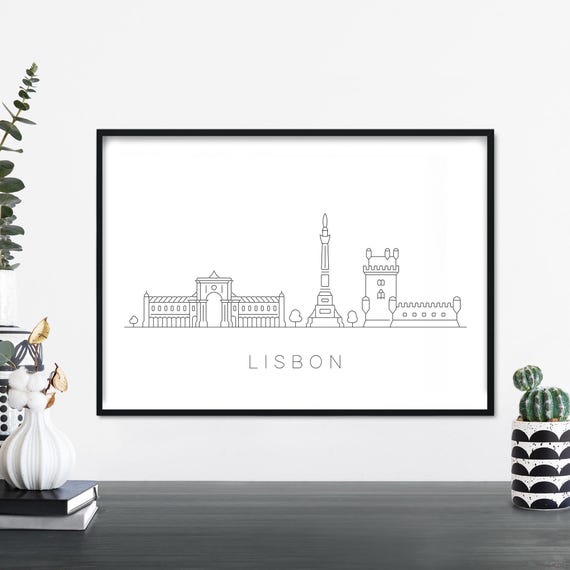 Lisbon City Skyline Linear Illustration Print Wall Art 4x6 5x7 A4 A3 A2 A1
