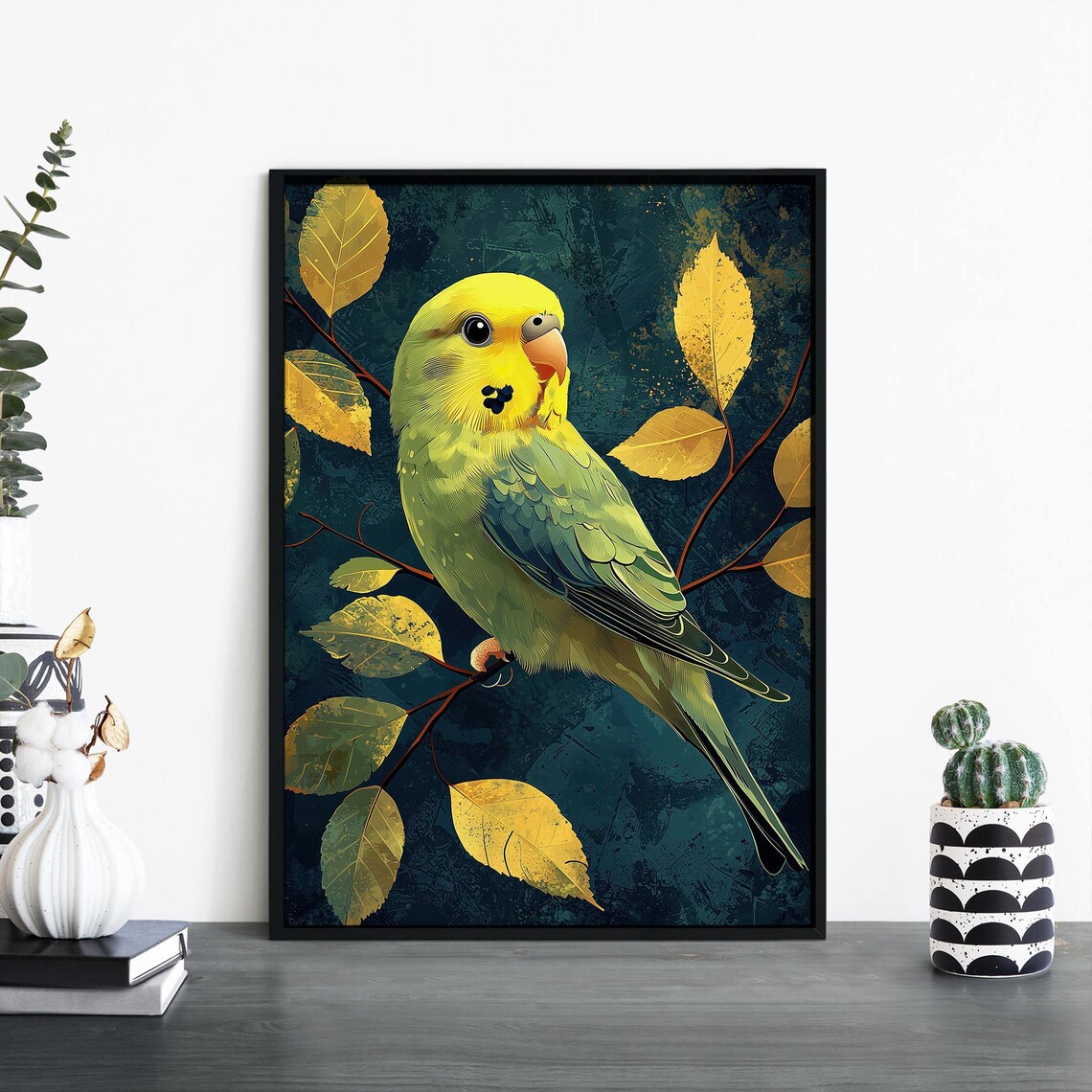 Yellow Green Budgie Perched on Branch Among Golden Leaves Poster