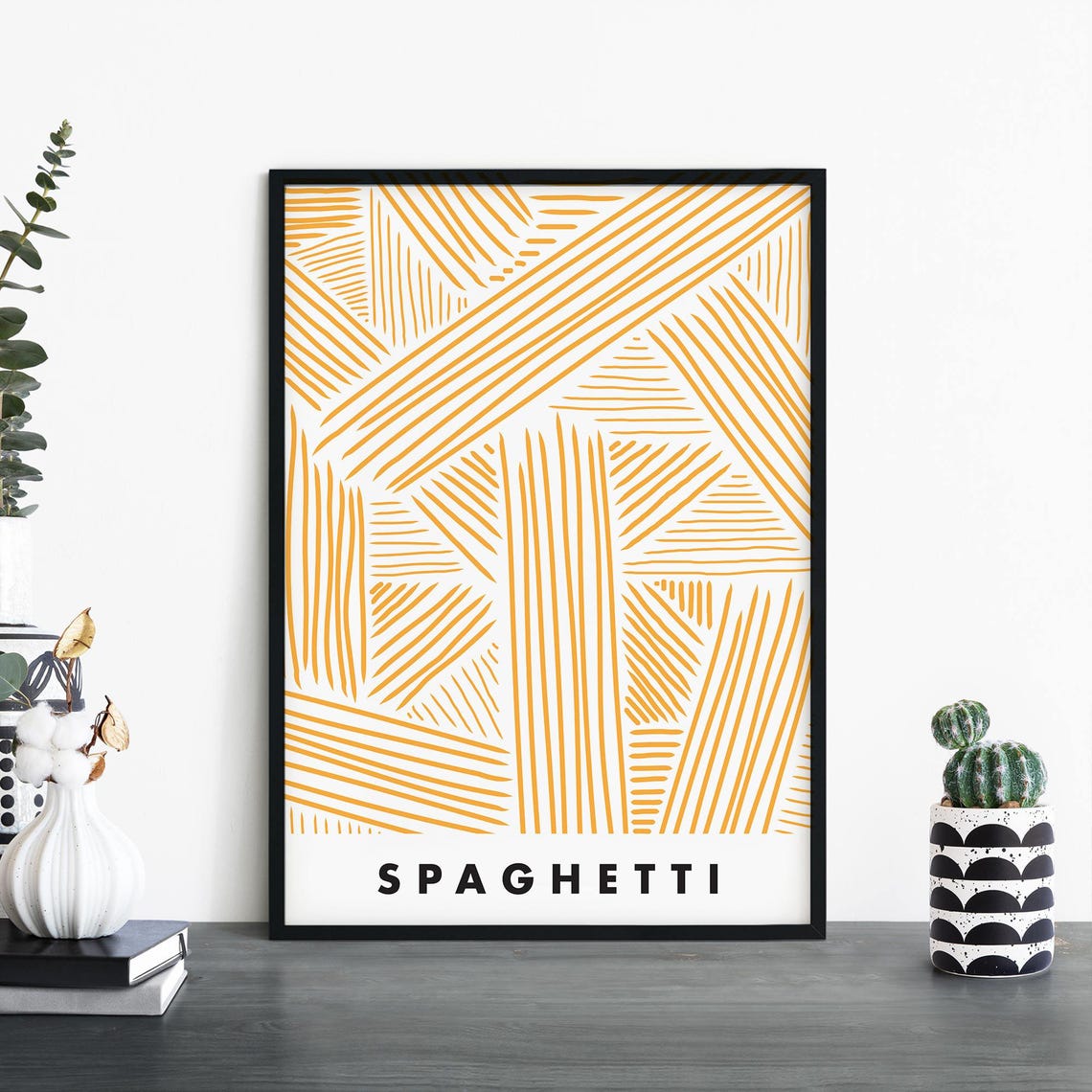 Spaghetti Pasta Pattern Mustard Yellow Modern Kitchen Food Poster