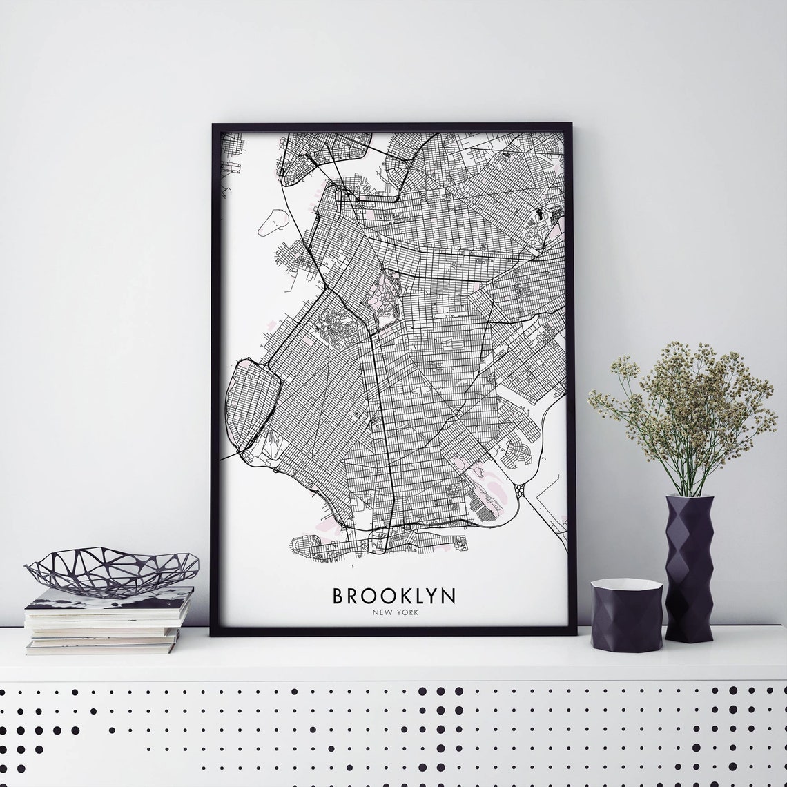 Brooklyn New York Black And White Detailed Street Map Wall Poster