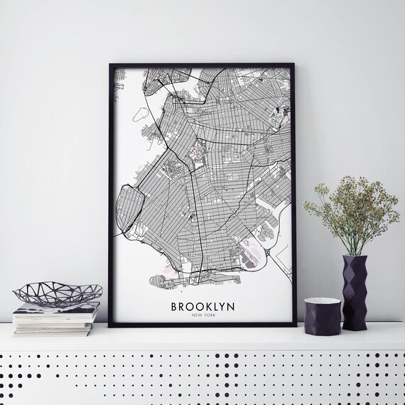Brooklyn New York Black And White Detailed Street Map Wall Poster