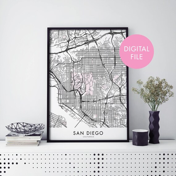 San Diego California Black White City Map Digital Download Poster