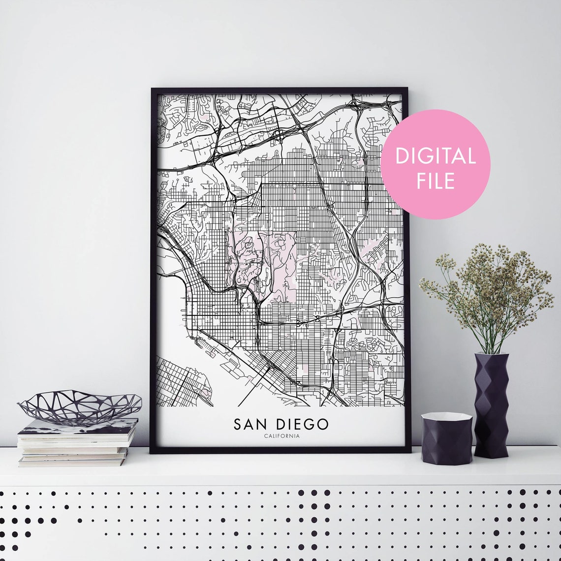 San Diego California Black White City Map Digital Download Poster