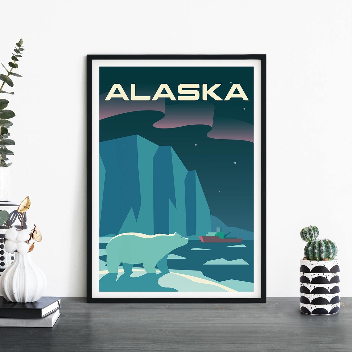 Alaska Polar Bear Aurora Icebergs Night Arctic Travel Poster