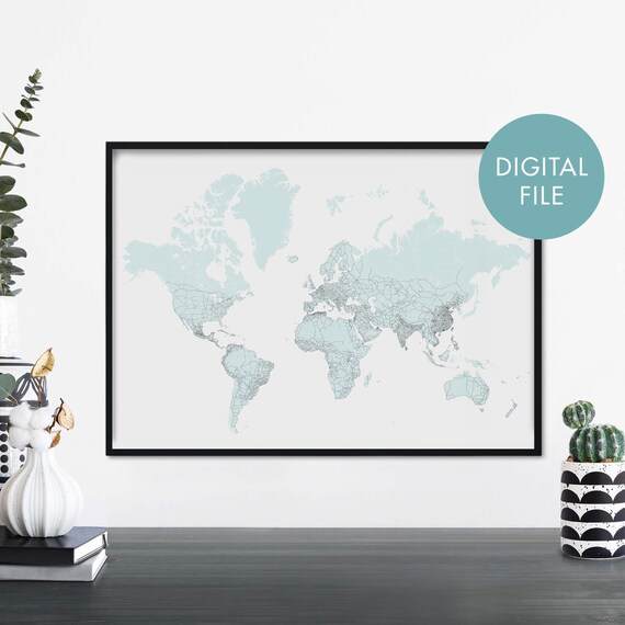 Mint World Map Digital File Minimalist Travel Decor Wall Poster
