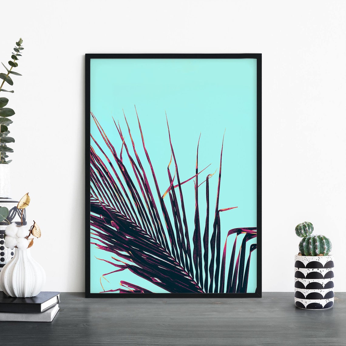 Purple Palm Leaves On Turquoise Bold Tropical Botanical Poster