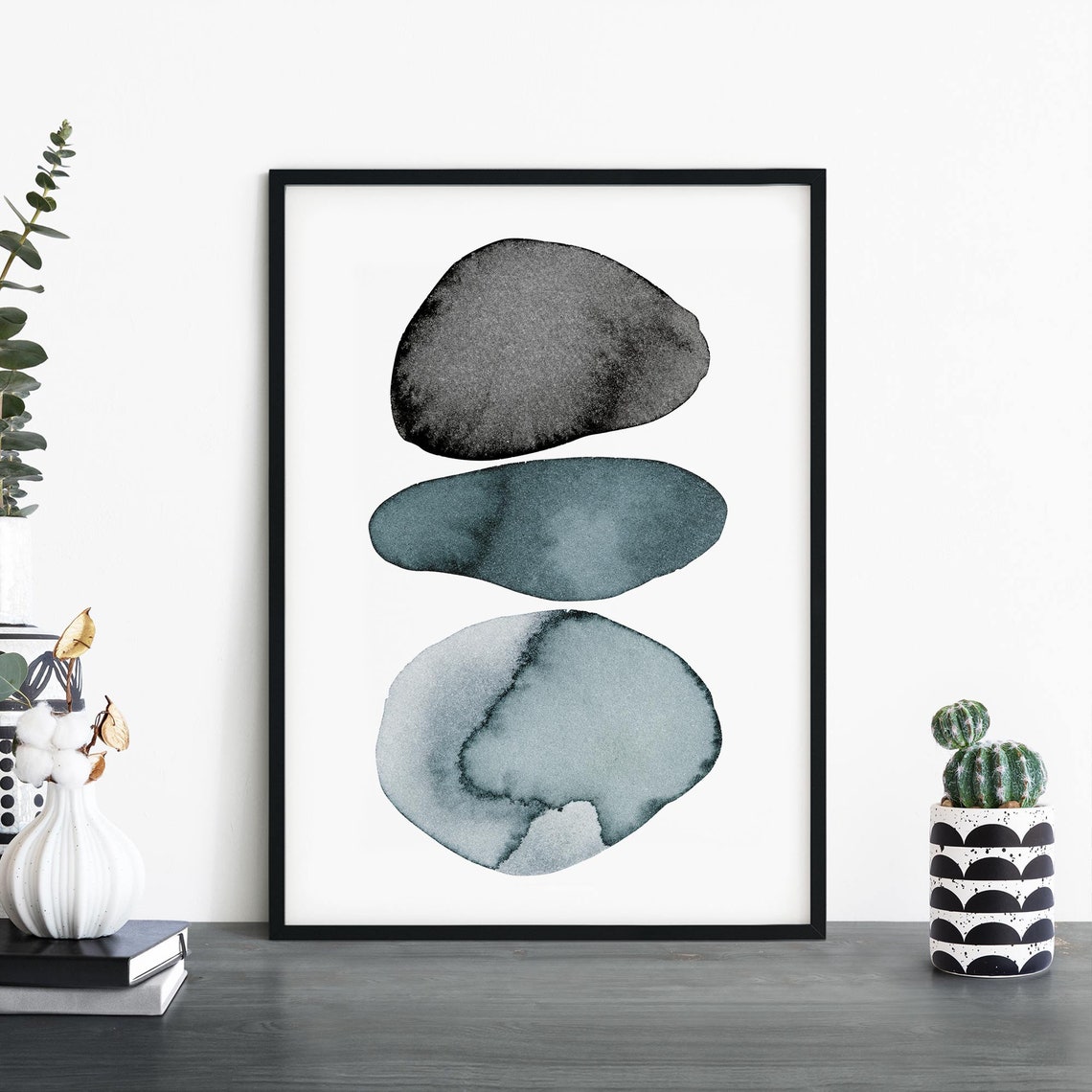 Pale Slate Watercolor Rounded Stones Abstract Zen Decor Poster
