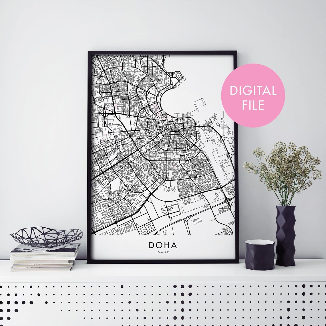 Doha Qatar Black and White Minimalist City Map Poster Travel Gift Decor