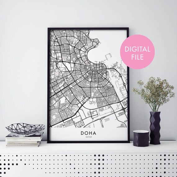 Doha Qatar Black and White Minimalist City Map Poster Travel Gift Decor