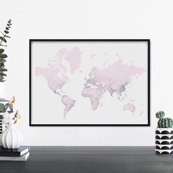Pink World Map Minimalist Countries Travel Decor Wall Poster