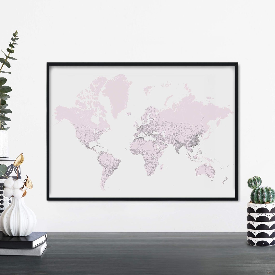 Pink World Map Minimalist Countries Travel Decor Wall Poster