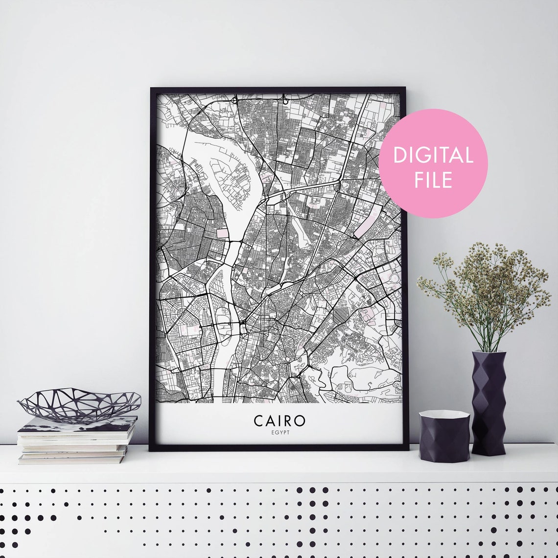 Cairo Egypt Black And White City Street Map Digital File Poster
