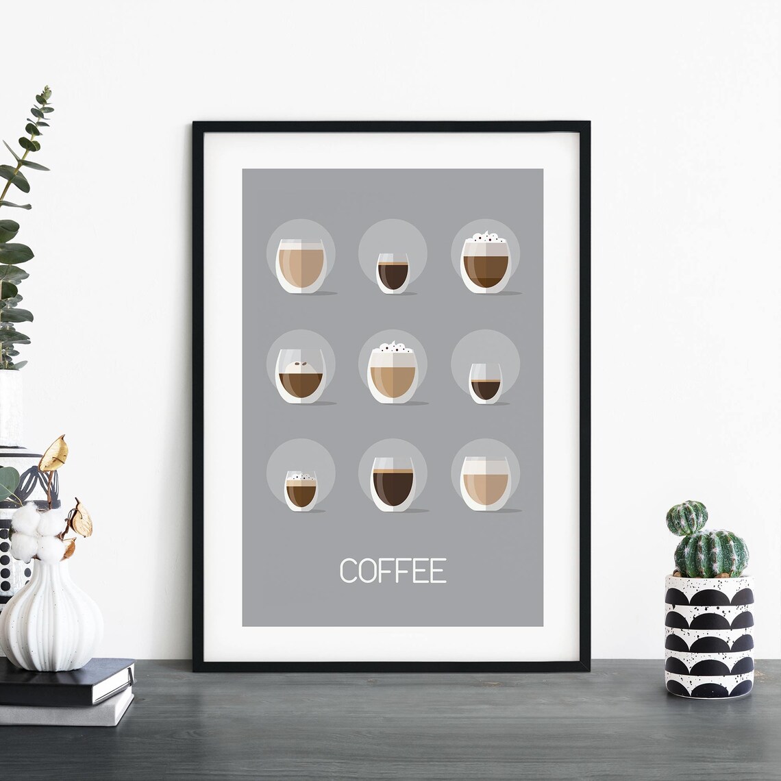 Coffee Drinks Illustrated Chart Grey Kitchen Barista Cafe Poster