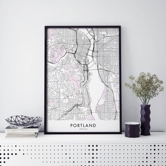 Portland Oregon City Map Poster with Soft Pink Topographic Accents