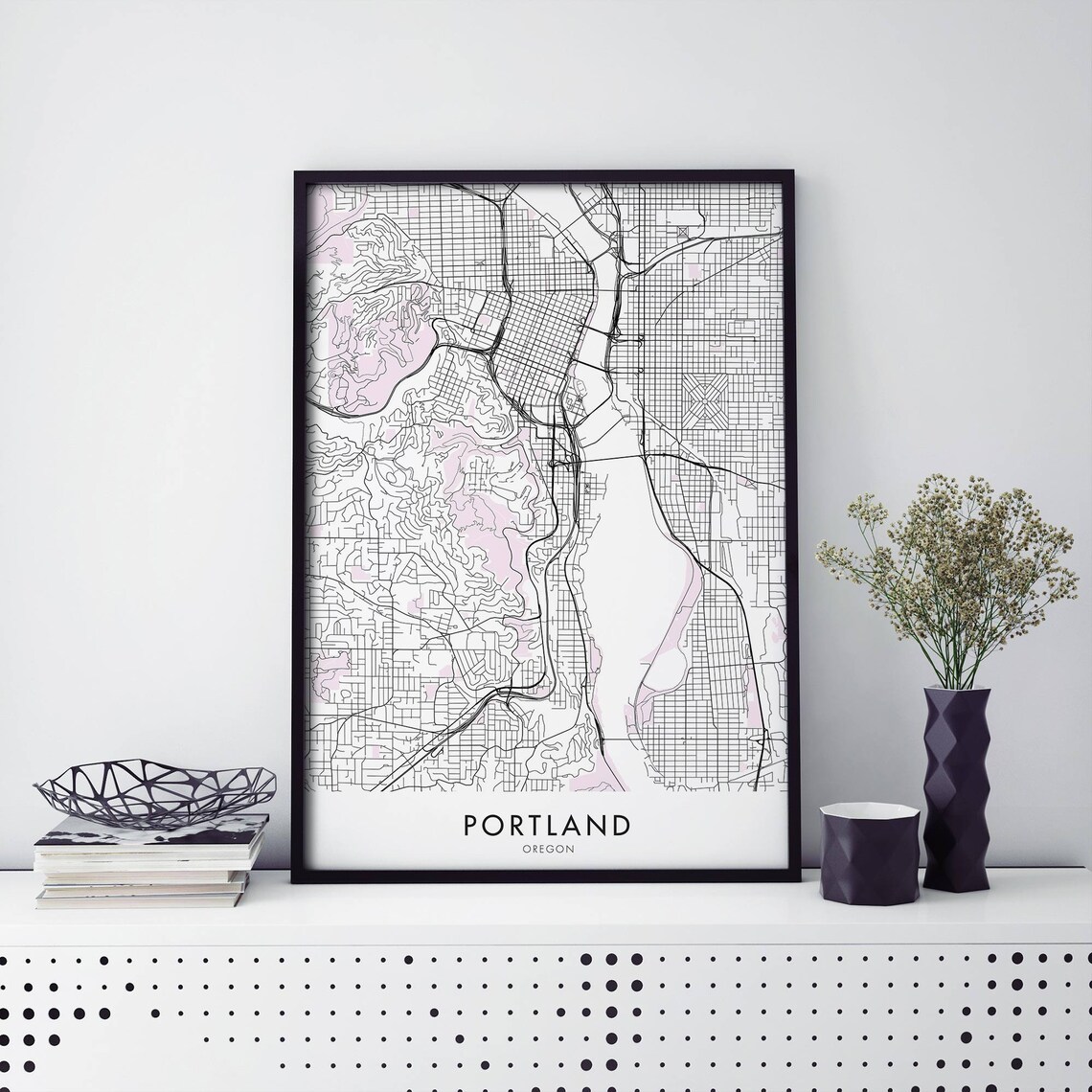 Portland Oregon City Map Poster with Soft Pink Topographic Accents