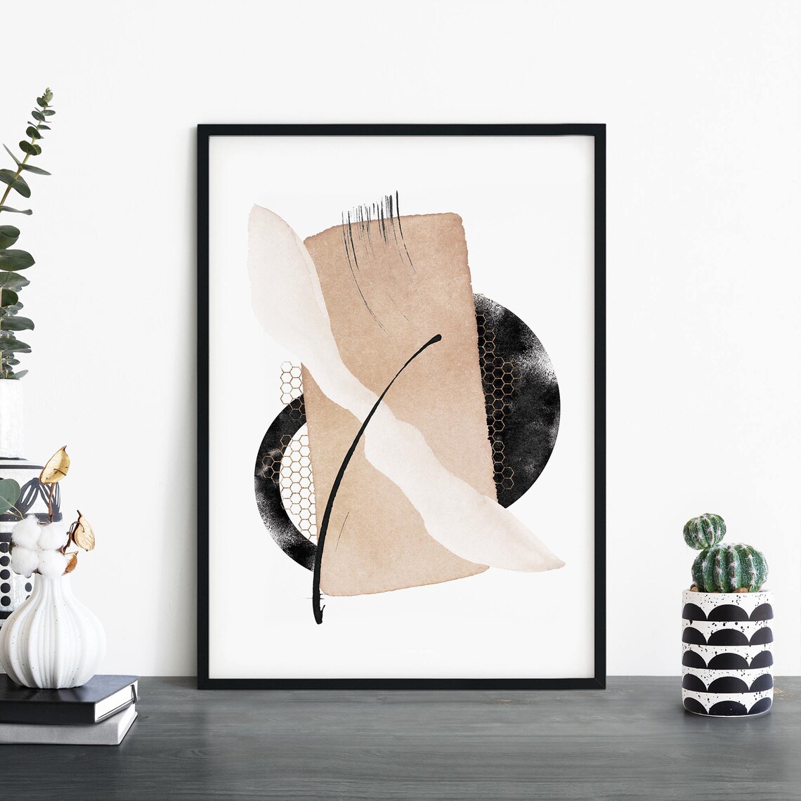Abstract Beige Wash Watercolor Black Arc Minimalist Modern Poster