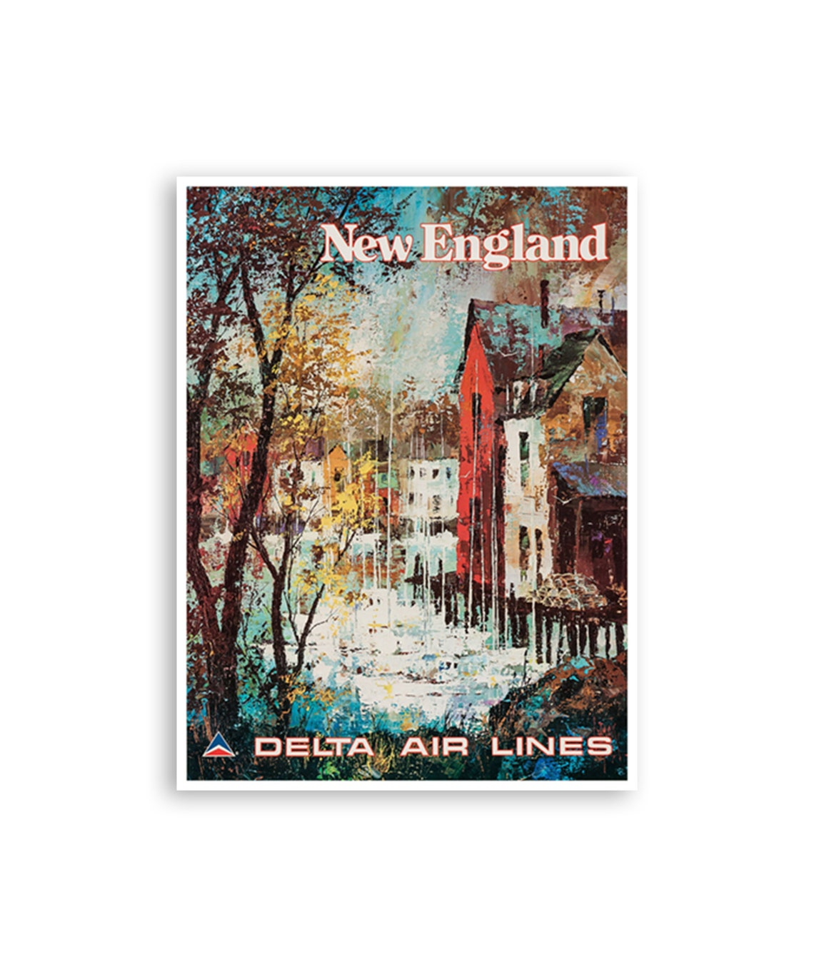 New England Autumn Harbor Delta Air Lines Vintage Travel Poster