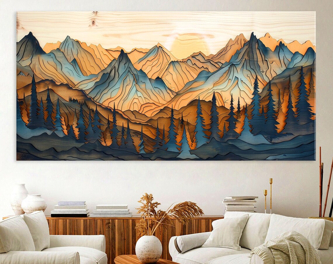Layered Woodland Peaks Poster with Golden Sun and Pine Tree Line