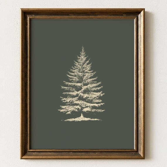 Minimalist White Evergreen Tree Sketch On Dark Green Holiday Poster