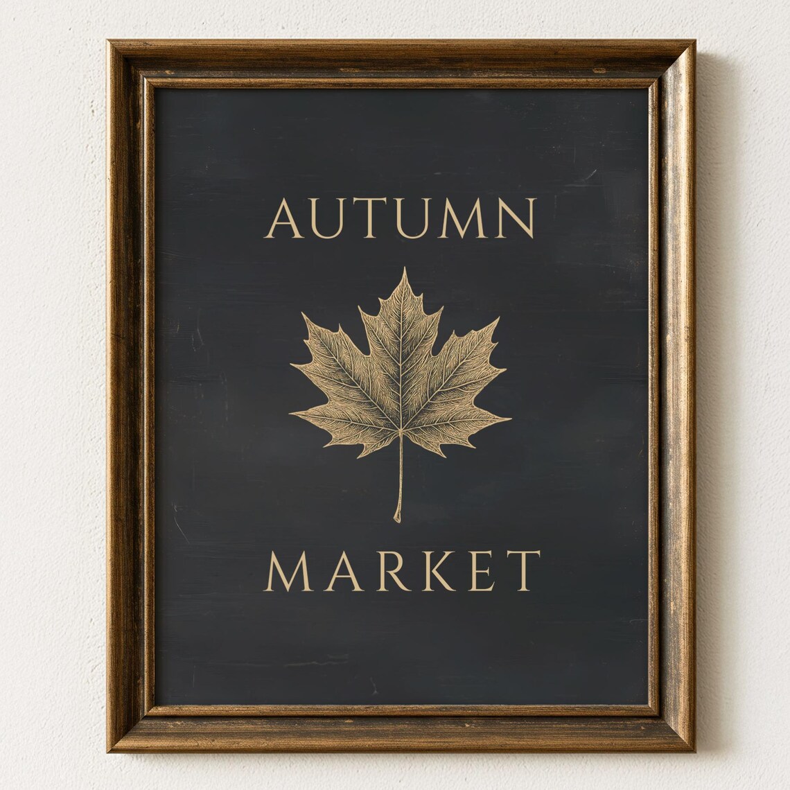 Autumn Market Wall Art Gold Maple Leaf on Black Farmhouse Chalkboard