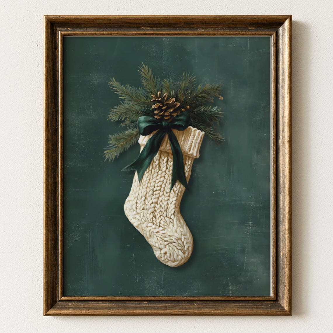 Cream Knit Christmas Stocking With Green Bow Holiday Art Print