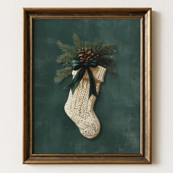 Cream Knit Christmas Stocking With Green Bow Holiday Art Print