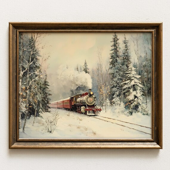 Vintage Christmas Steam Train Snowy Forest Winter Holiday Wall Poster