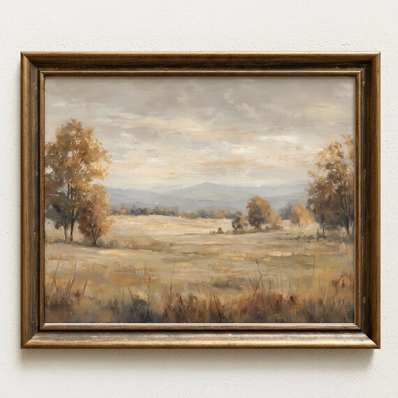 Golden Autumn Field Warm Tones Vintage Rustic Landscape Wall Art