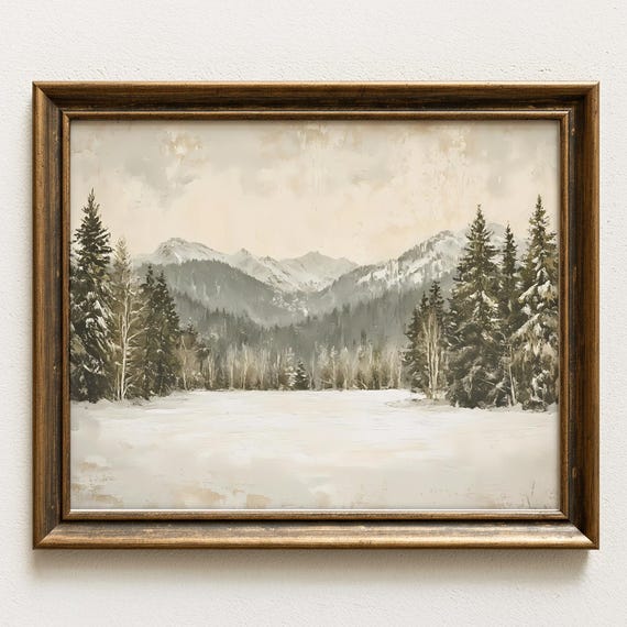 Winter Mountain Landscape Art Print, Rustic Nature Decor