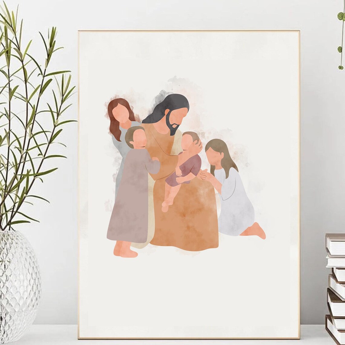 Jesus With Four Children Gathering Around Him Watercolor Poster