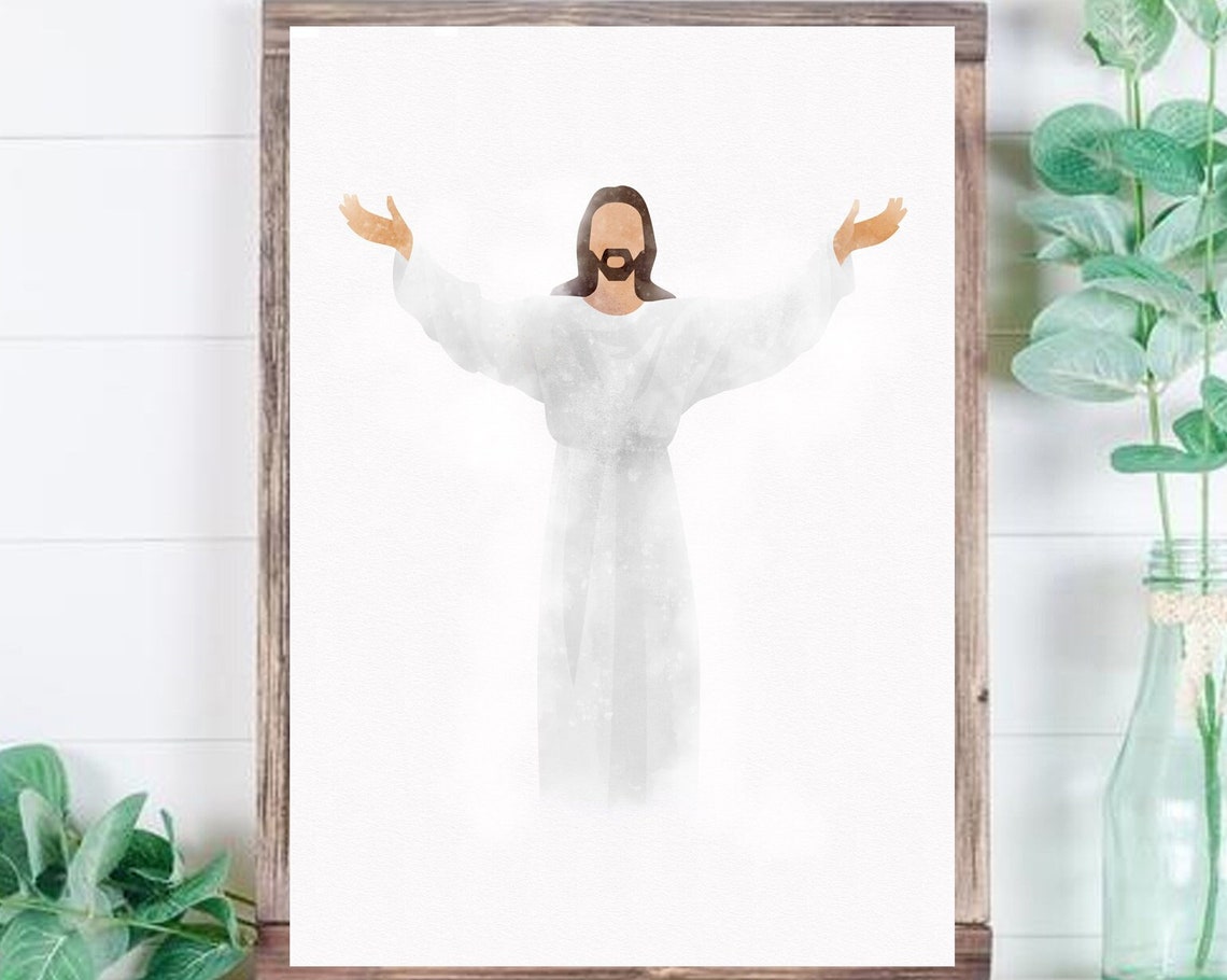 Jesus Christ Open Arms White Robe Minimalist Watercolor Poster