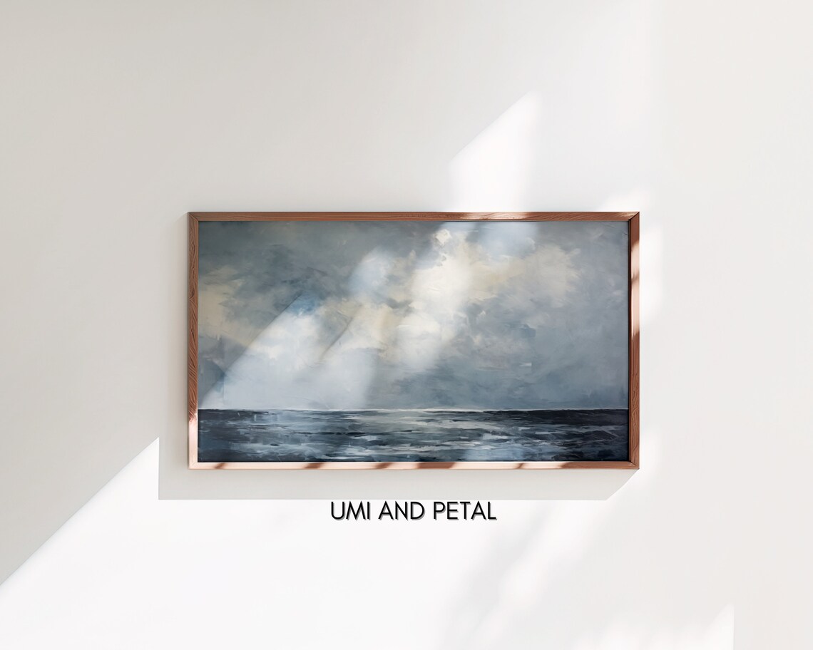 Dramatic Cloudy Ocean Sky Moody Gray Seascape Oil Painting Poster - Image 3