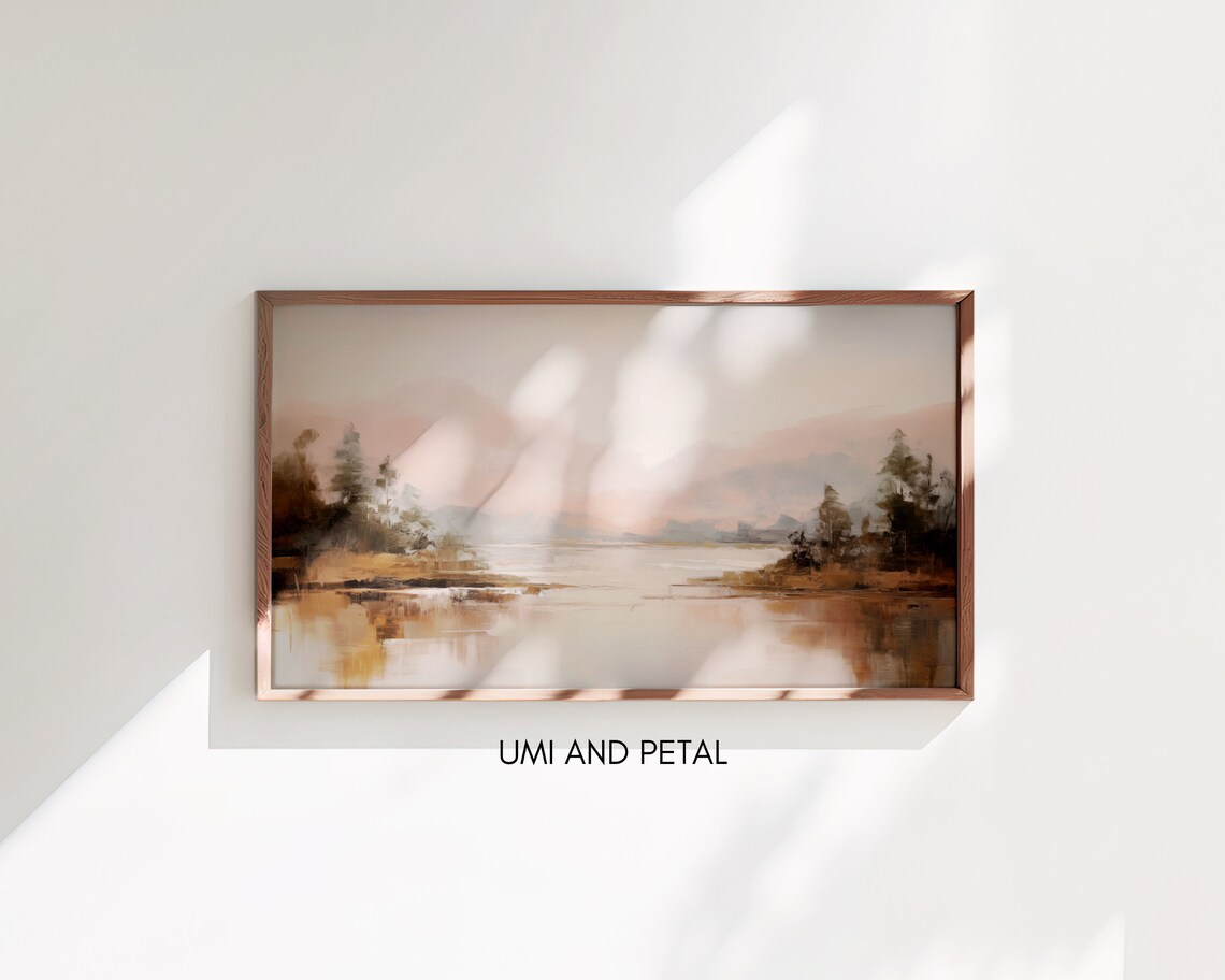 Misty Lake Sunrise Soft Pink Sky Trees Reflection Oil Painting Poster - Image 3