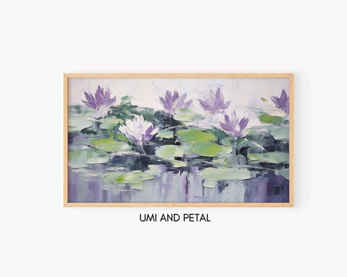 Purple Water Lilies Lily Pads Impasto Floral Pond Oil Painting Poster