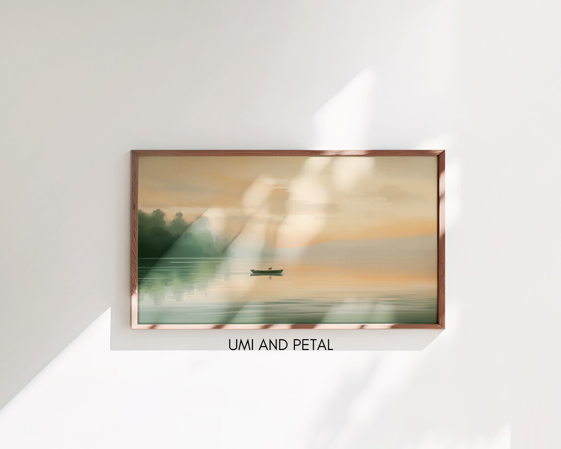 Sunrise Lake Boat Calm Water Warm Peach Sky Landscape Painting Poster - Image 3