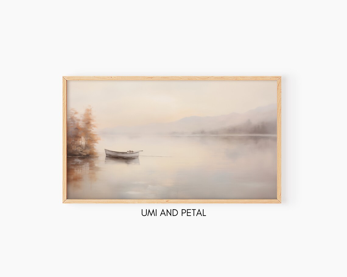 Lone Boat on Misty Autumn Lake Soft Neutral Landscape Art Poster