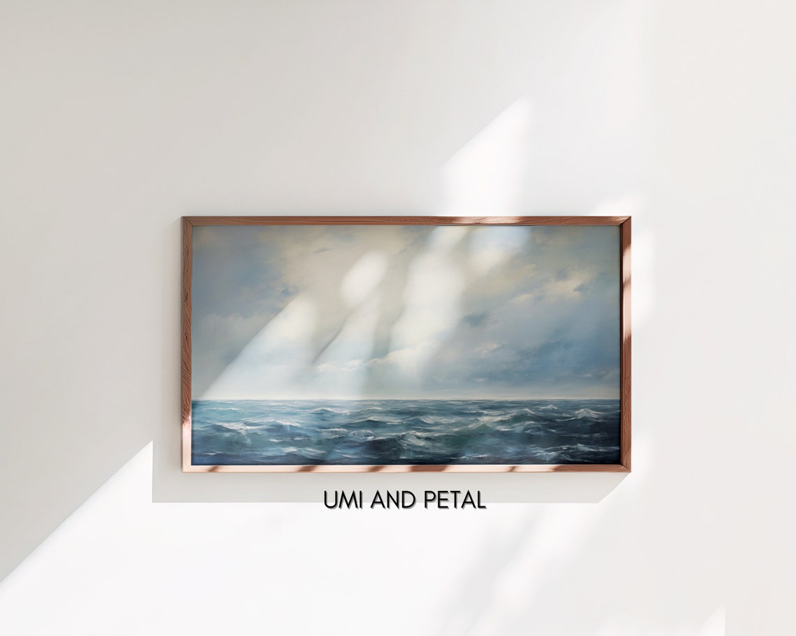 Dramatic Ocean Waves Cloudy Sky Deep Blue Seascape Oil Painting Poster - Image 3