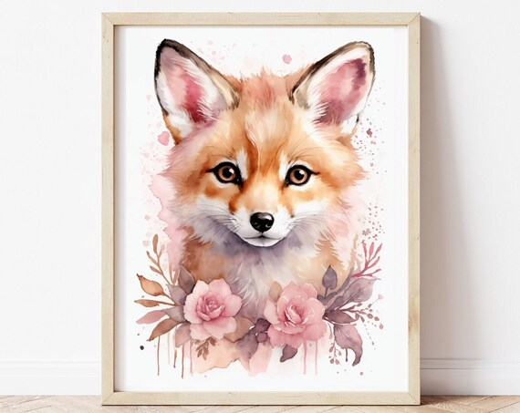 Baby Fox Portrait Pink Roses Watercolor Nursery Animal Poster