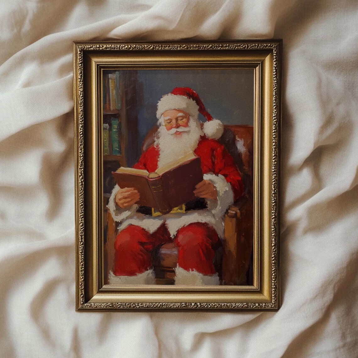 Vintage Santa Claus Reading a Book Impressionist Christmas Poster - Image 4