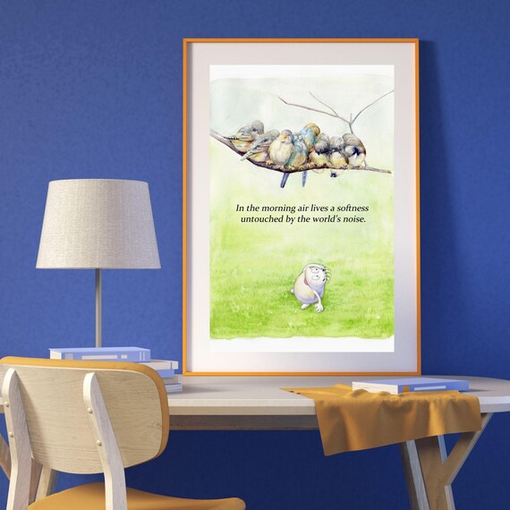 Morning Birds on Branch Soft Whimsical Watercolor Quote Poster