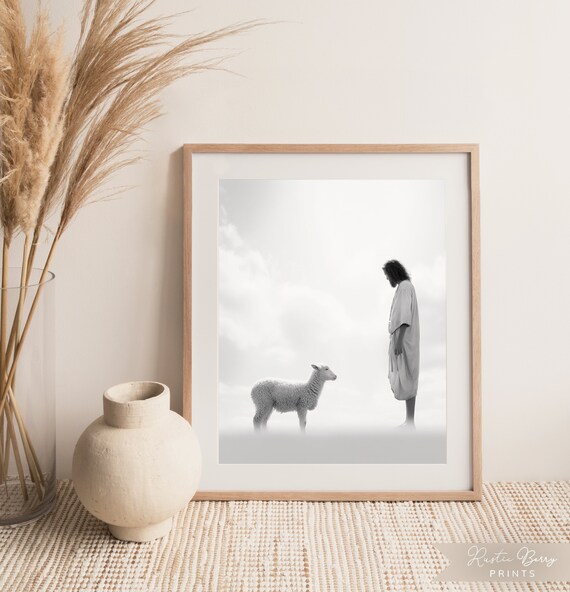 Jesus Standing With A Lamb Minimalist Black And White Religious Faith Poster