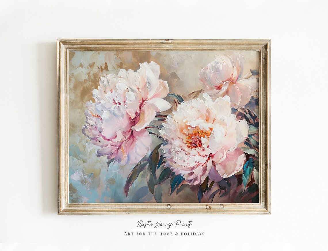 Blush Pink White Peonies Vintage Oil Painting Floral Art Poster