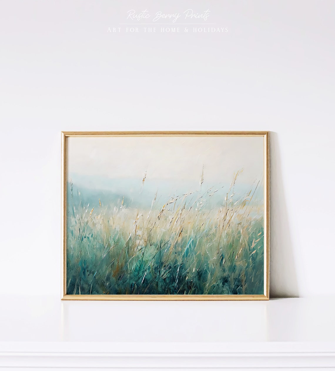 Windswept Grass Field Teal Sage Painterly Abstract Art Poster