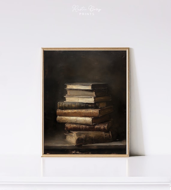 Vintage Stack Of Books Art Print Academia Moody Wall Art Antique Art Instant Art