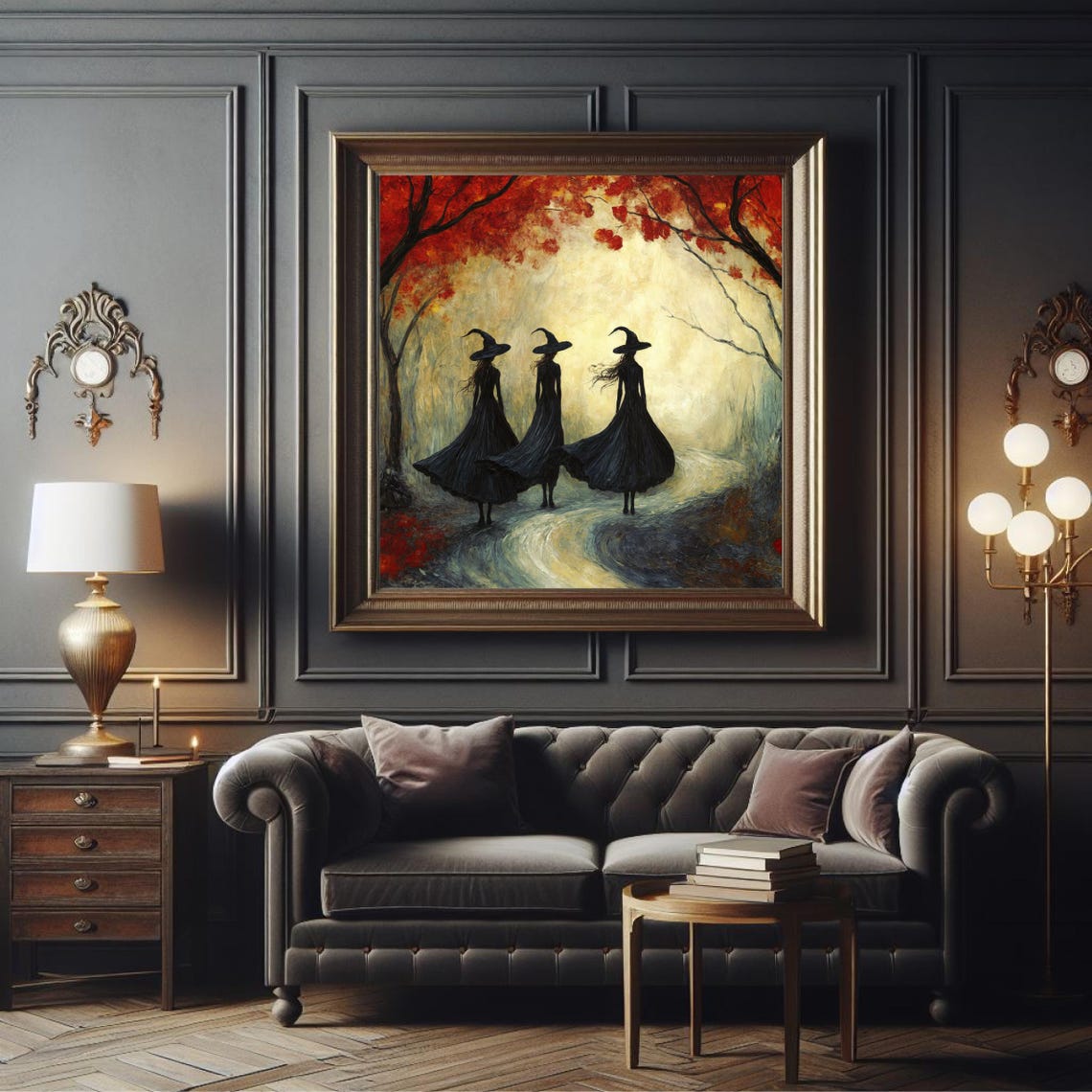 Three Witches Winding Path Red Autumn Trees Witchy Decor Poster - Image 2