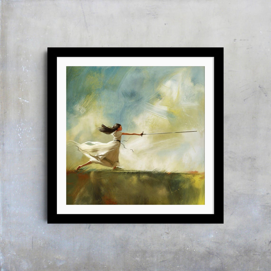 Empowered Swordswoman White Gown Epic Sky Female Strength Art Poster - Image 4